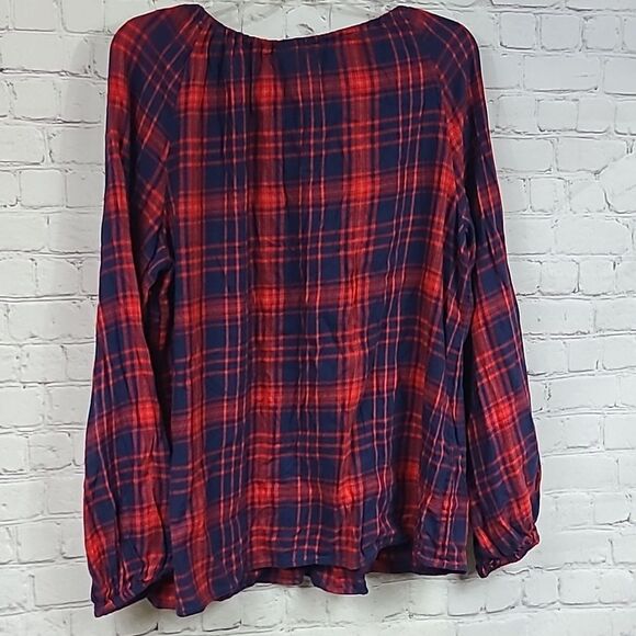 GAP Maternity Split-Neck Red Plaid Top Long Sleeve Flannel Shirt Bow Tie Keyhole - Picture 10 of 10